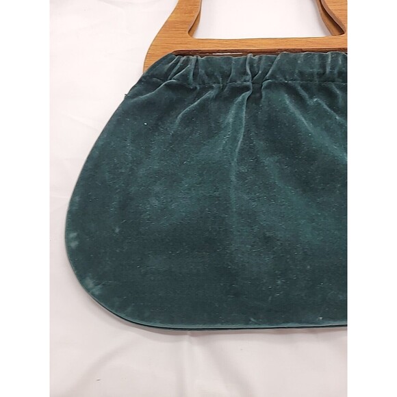 Vintage Holiday Fair Green Canvas Bag Purse Floral Embroidery Wood Handles - Picture 15 of 16